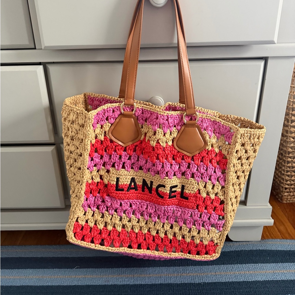 Lancel Mania Summer Tote Pink & Red Crochet Straw Tote Bag Tan Leather Handles